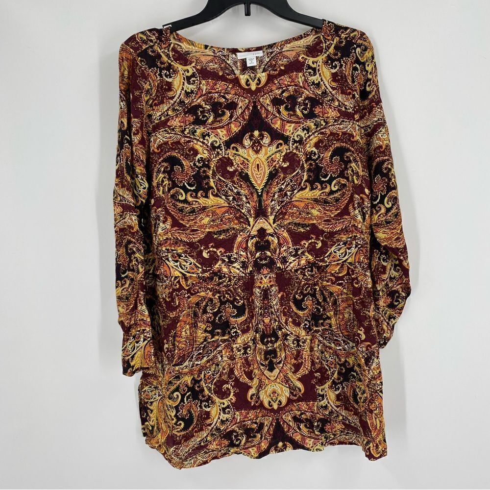 J. Jill Women’s Long Sleeve Paisley Print High Round Neck Tunic size Petite M